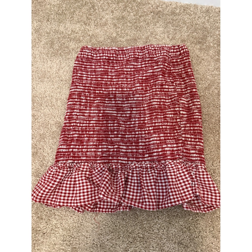 Storia Mini Skirt Top Womens Small Red Gingham Excellent Smocked Ruffle Hem
